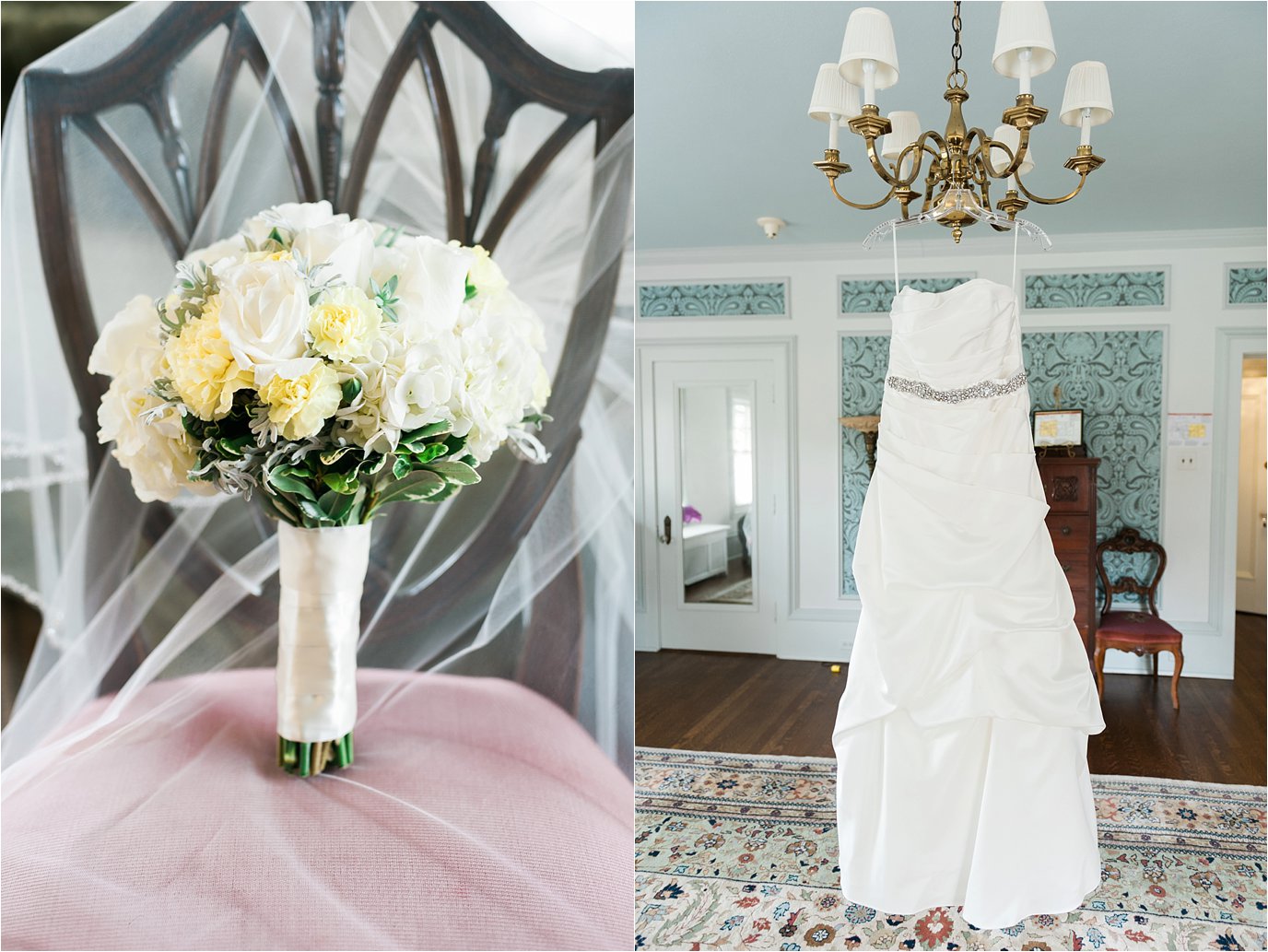 White Bouquet and Dress at Cheney Mansion