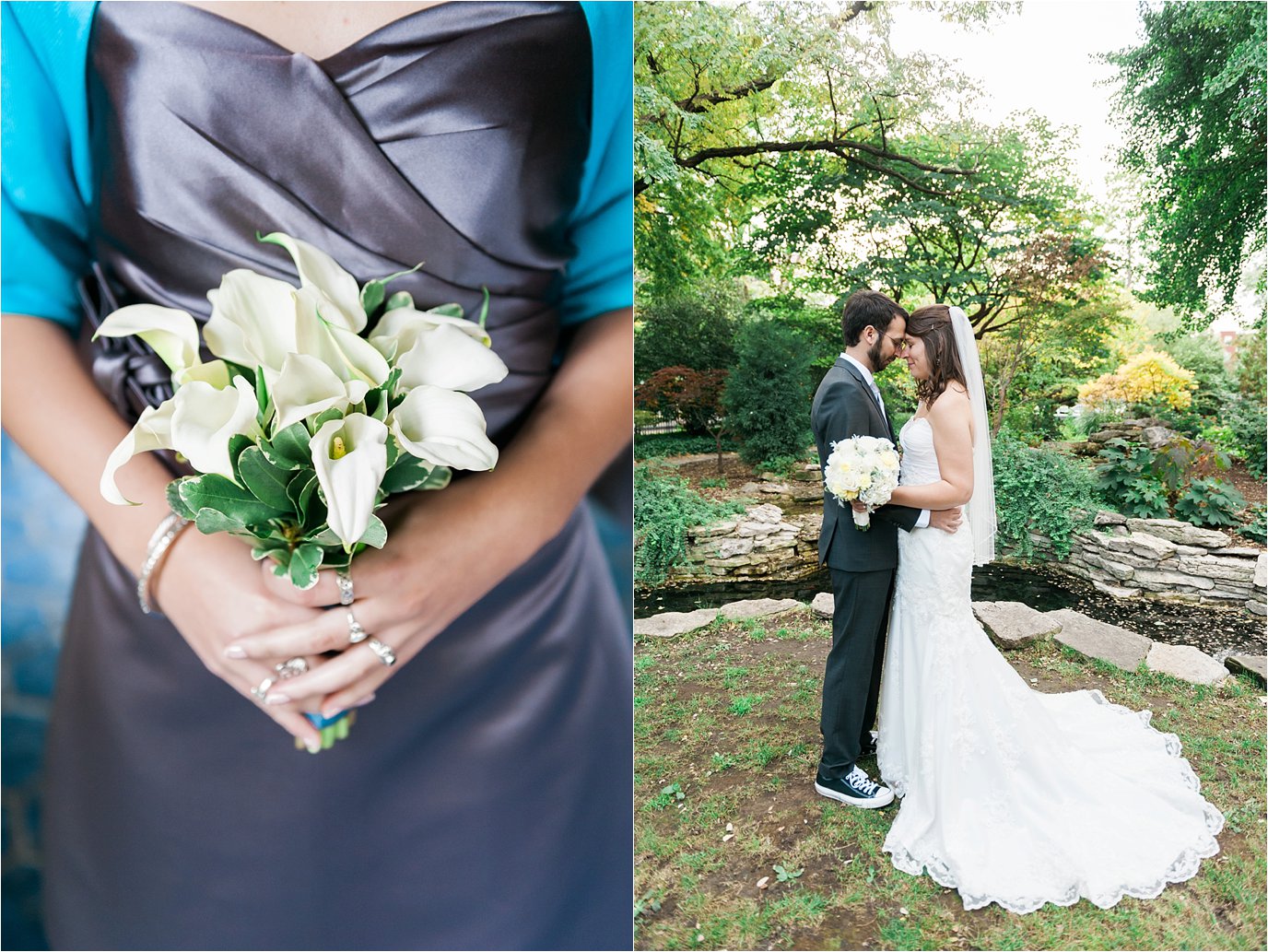 calla lily bouquet and bride and groom picture