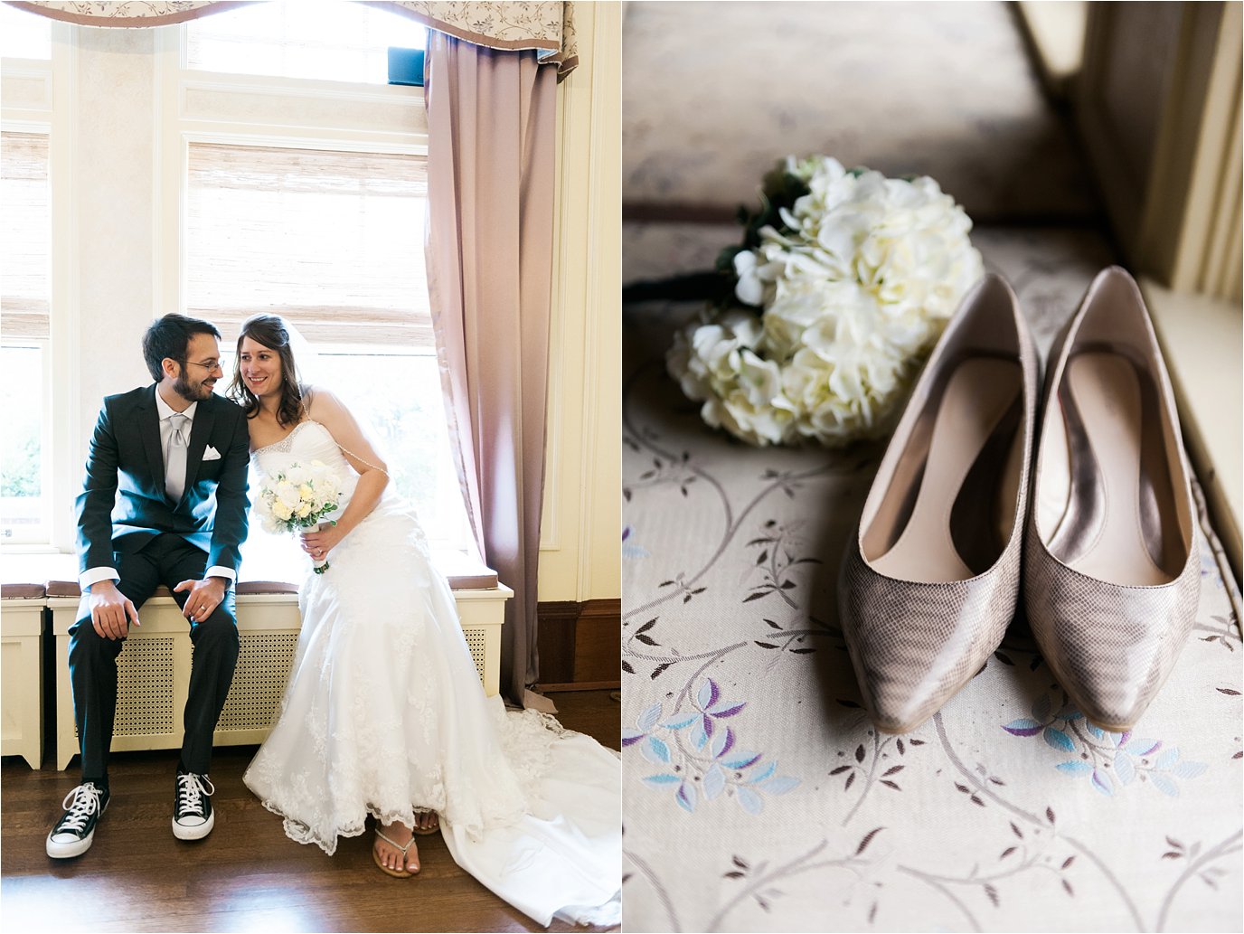 michelle and quincy inside Cheney Mansion and detail shot of bridesmaid shoes and flowers
