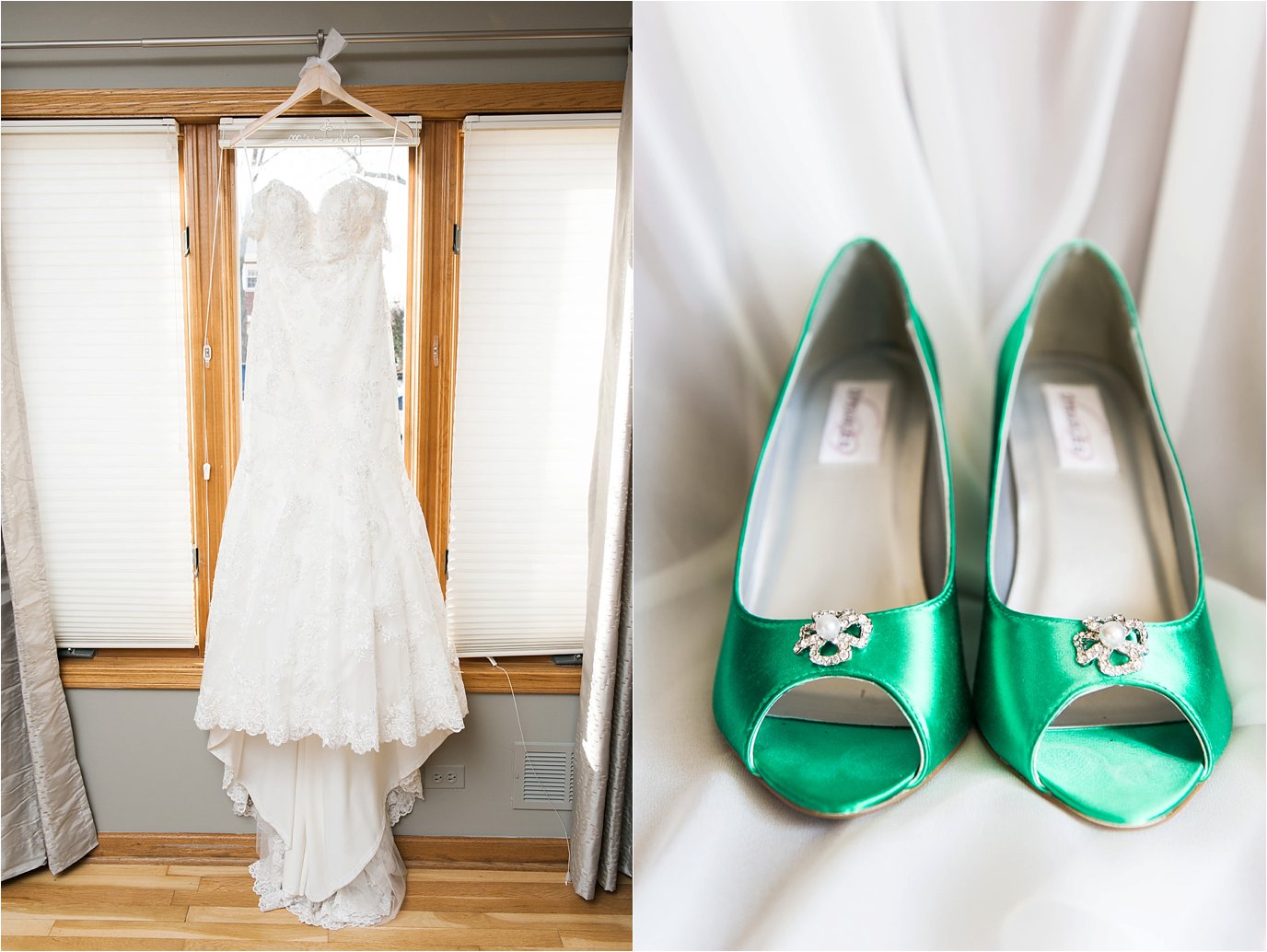 Casablanca wedding dress, green shoes
